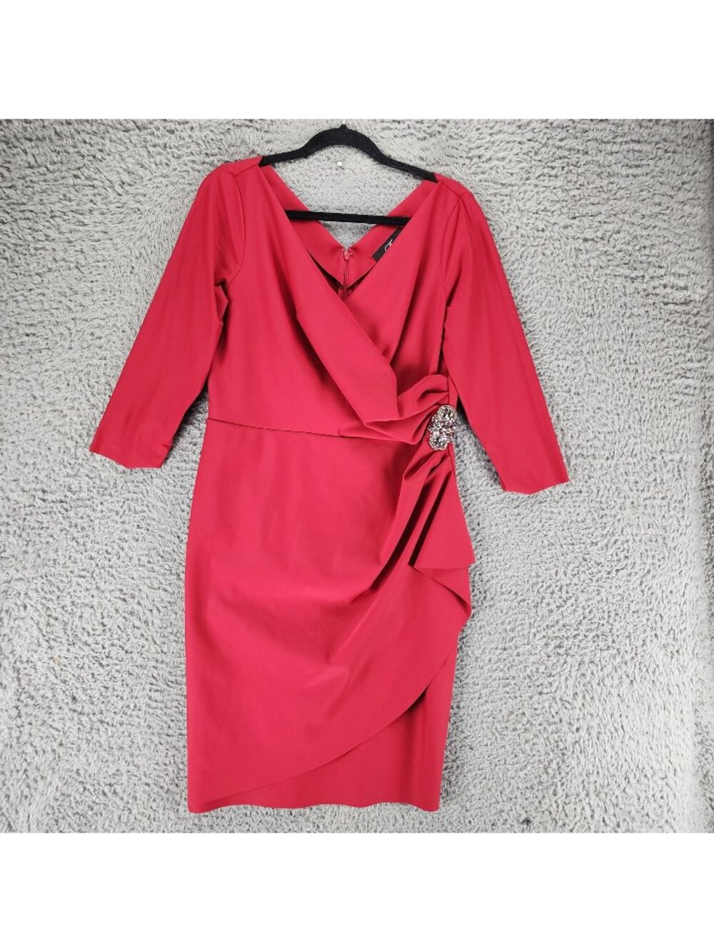 Alex Dress Womens 14 Red 3/4 Sleeve Faux Wrap Knee Length
